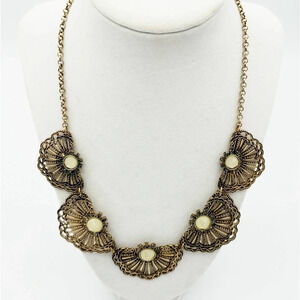 Statement Necklace • Pretty Goldtone Fans • Blue Rhinestones